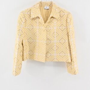 Vtg BILL BLASS Blazer Womens Size 6 Yellow Geometric Cropped Open‎ Front Jacket
